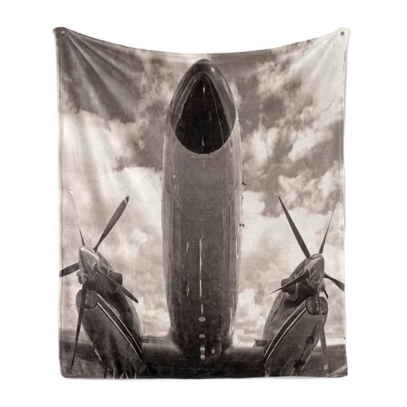 Vintage Airplane Soft Flannel Fleece Throw Blanket, Turboprop Airplane Nose Close up View and Cloudy Sky Aviation Historic, Cozy Plush for Indoor and Outdoor Use, 60" x 80", Sepia White, by Ambesonne
