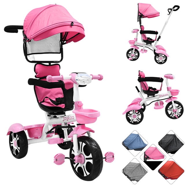 Triciclo Evolutivo para Niños Giratorio 360 con Luz y Sonido Ruedas de Eva Toldo y Bastón de Empuje - Rosa Claro