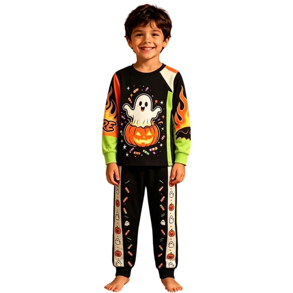 XAOFW Boys Girls Halloween Pajamas Pumpkin Ghost Print Long Sleeve Tops Pants Toddler Kids Fall Winter Cozy Sleepwear 3-4 Years