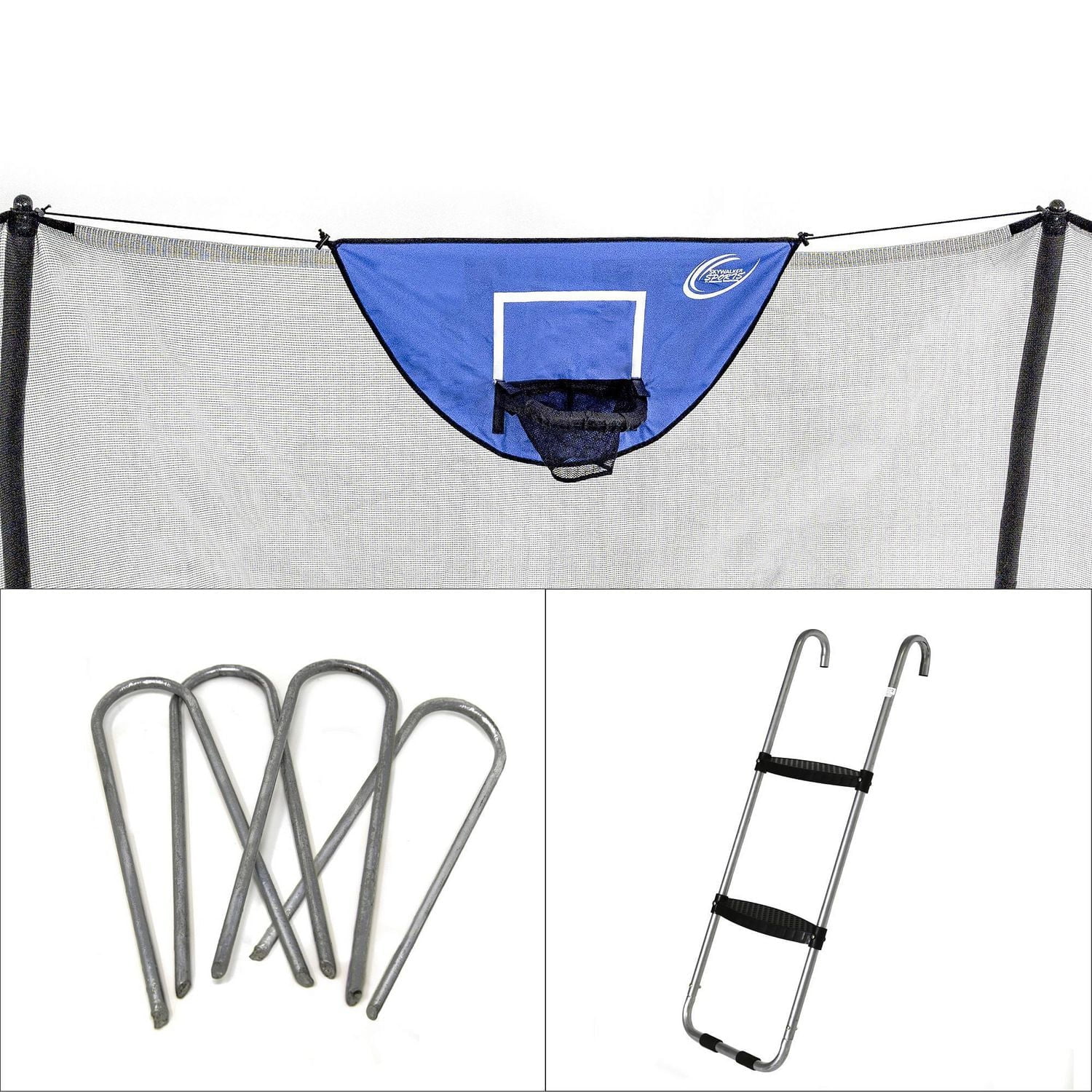 SKYWALKER TRAMPOLINES Accessory Kit for Outdoor Trampolines, Universal Hook 2 Step Anti Skid Wide Step Ladder, U - Shaped, 4 Pack, Heavy Duty Wind Stakes, Basketball Game