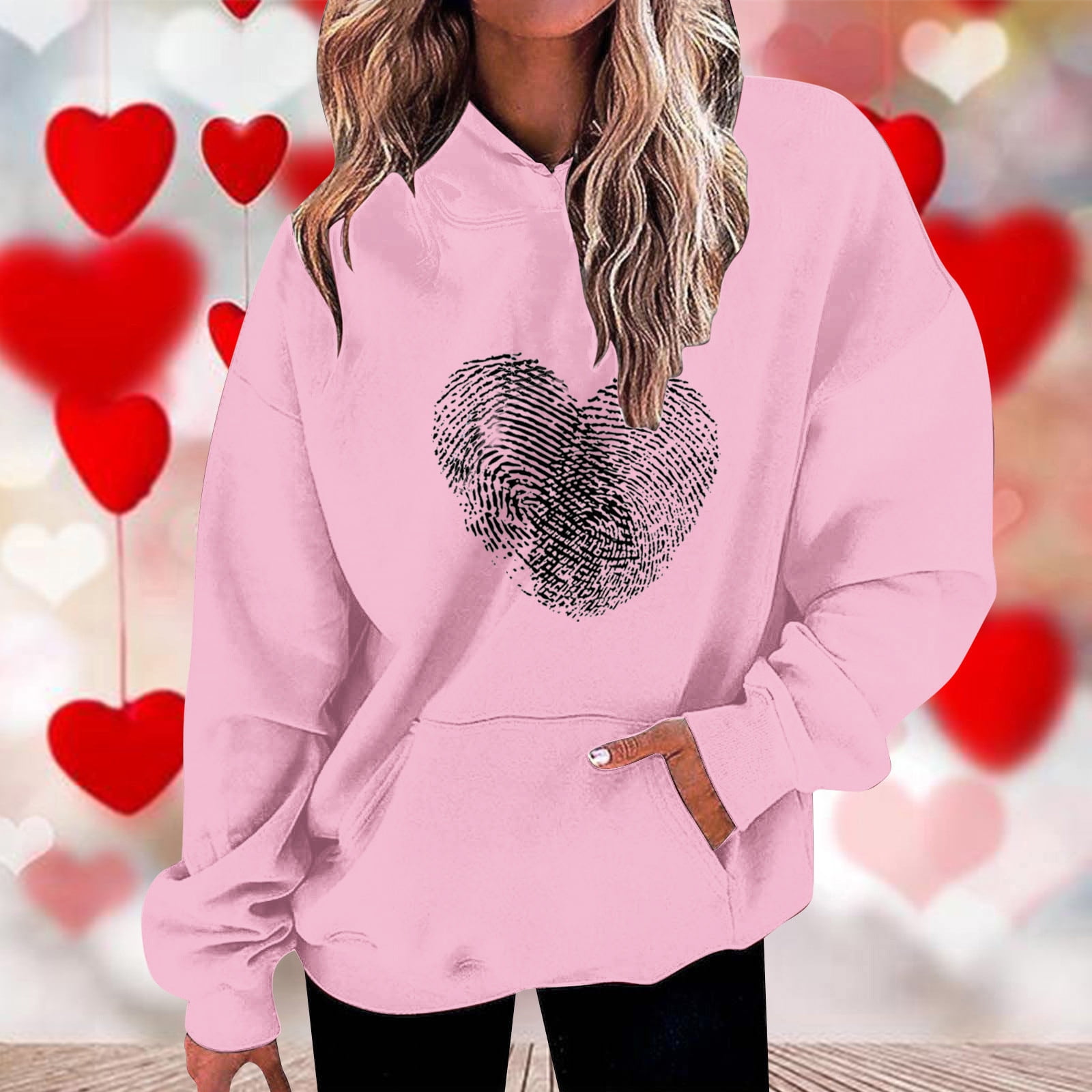 zanvin Women s Heart Print Long Sleeve Fleece Thickened Warm Sweatshirt Hoodie Casual Pullover With Kangaroo Pocket Pink XXXL Walmart