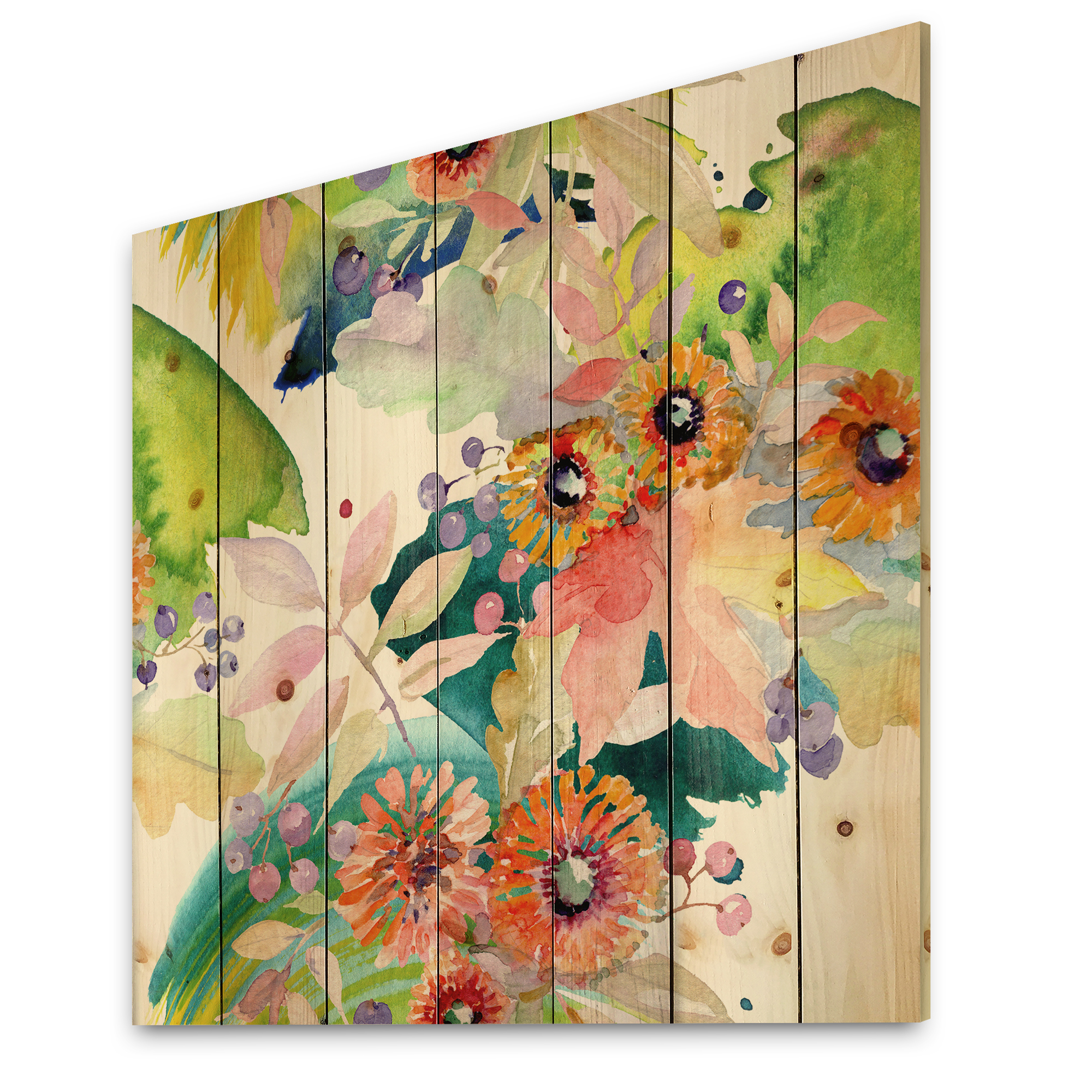Designart 'Vital Wild Spring Leaves and Wildflowers III' Modern Print on Natural Pine Wood