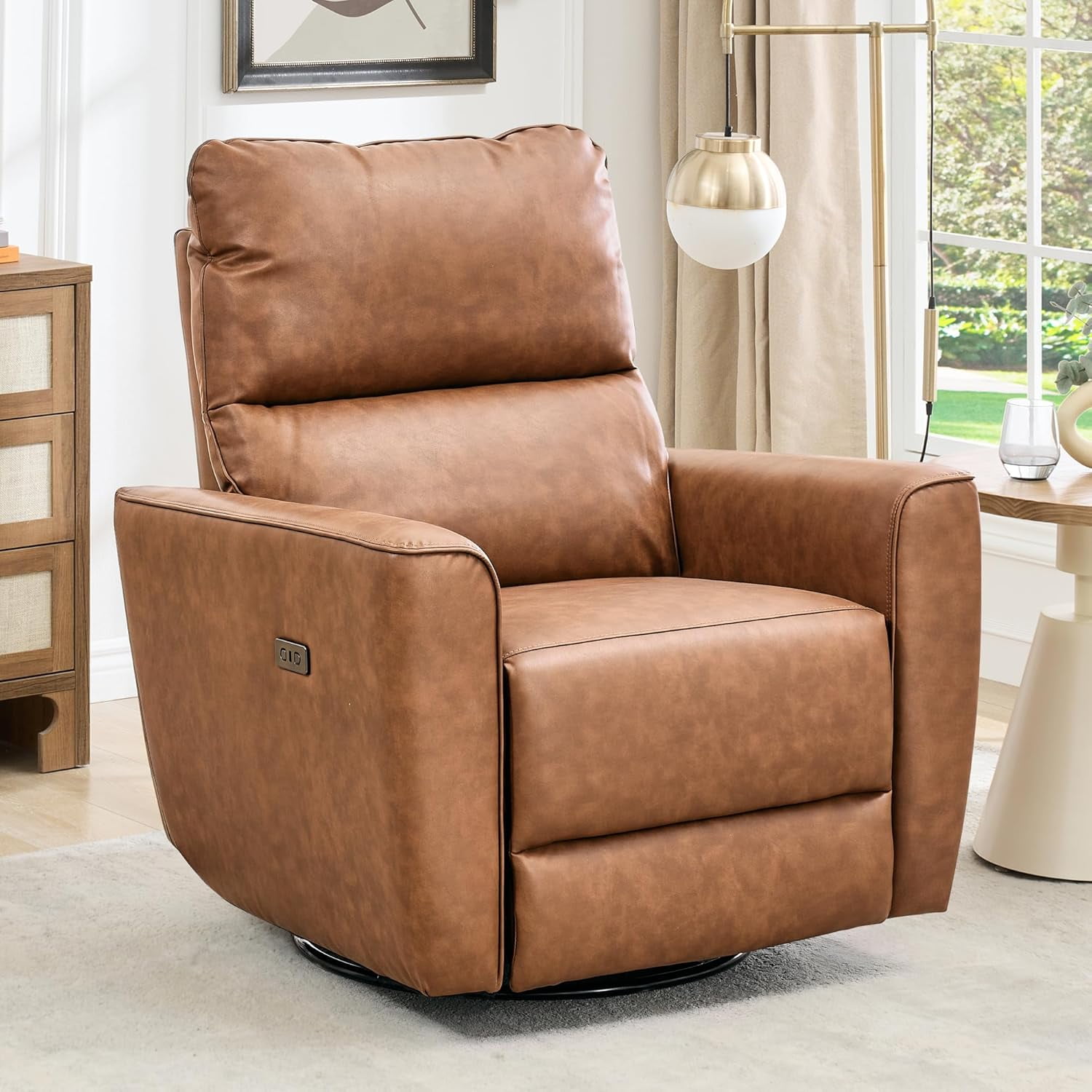 Power Recliner Chair 270° Swivel Rocking Glider with USB Port PU Leather Upholstered Nursery Chair with Adjustable Backrest for Living Room Office Home Theater and Nursery