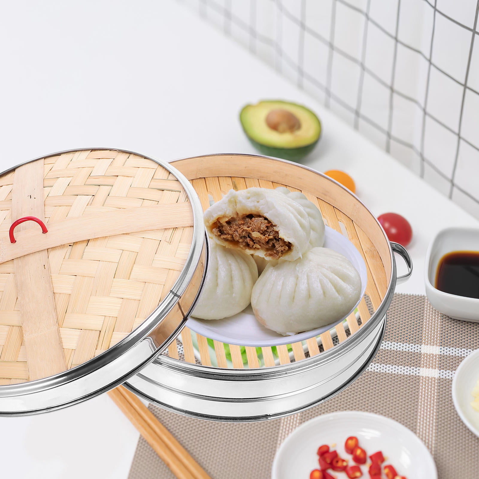 CRILSTYLEO Stainless Steel Bamboo Steamer Basket with Lid for 1Set
