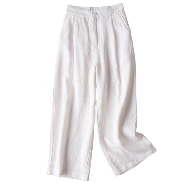 Fartey Summer Solid Color Straight Leg Pants for Women Button Elastic Waist Cotton Linen Wide Leg Pant Casual Loose Business Work Trousers with Pockets,3XL