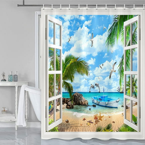 Nautical Home Shower Curtain for Bathroom,Shwoer Curtain Tropical Landscape 3D Open Window Ocean Beach Starfish Shell Palm Tree Scenery Waterproof Bathroom Decor Curtains