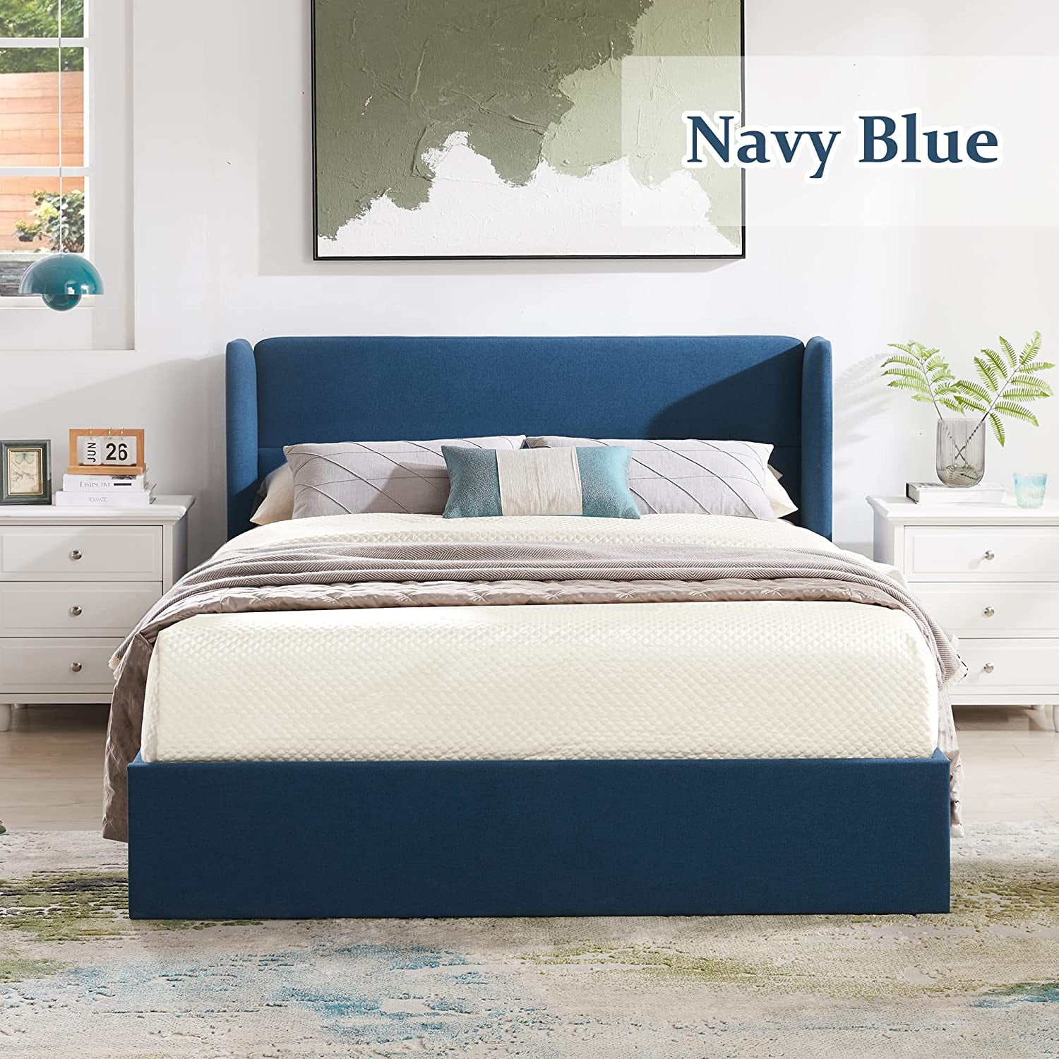 Relax & Rejuvenate Full Size Lift up Storage Bed, Upholstered Platform Bed Frame with Modern Linen Fabric Wingback Headboard, Wood Slats Support, Noiseless, Easy Assembly, No Box Spring Needed, Blue