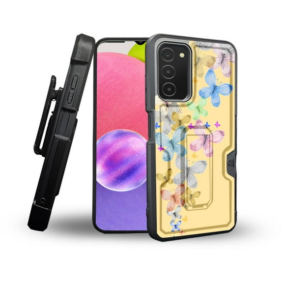 ANJ  Rugged Shockproof Holster Case Card Slot Kickstand   Tempered Glass Cover for Samsung Galaxy A03s - Butterfly Delight (Yellow)