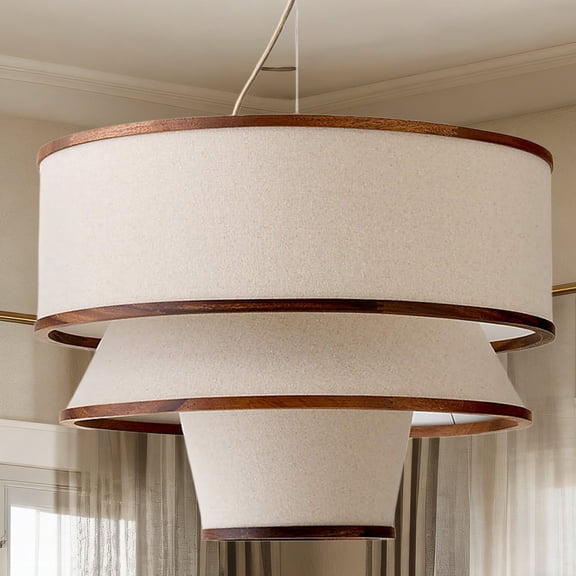 Brazilian Modern Natural Linen Pendant Light with Walnut Trim and Unlacquered Brass for Dining Room, Living Room, Entryway