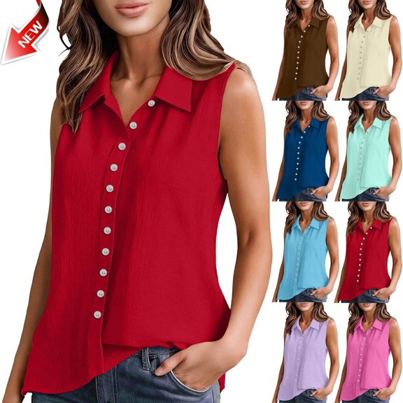 Taqqpue Women's Sleeveless Button Down Shirts Blouses Casual Loose V Neck Linen Tank Tops Beach Vacation Solid Color Plus Size T Shirt for Women S-XXL