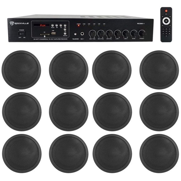 Rockville Commercial 70v Amp+12 Black 5" Ceiling Speakers 4 Restaurant/Bar/Cafe