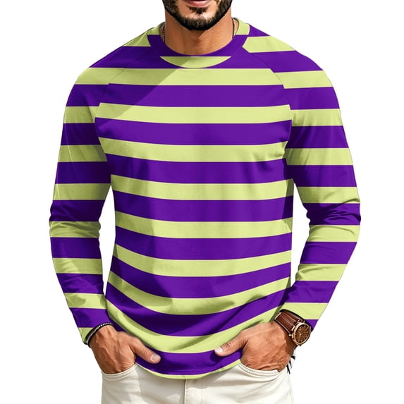 Dwelliawo Long Sleeve Shirts for Men Fashion Striped T-Shirt Casual Round Neck Loose Fit Pullover Tops Spring Fall Clothes Dark Purple L