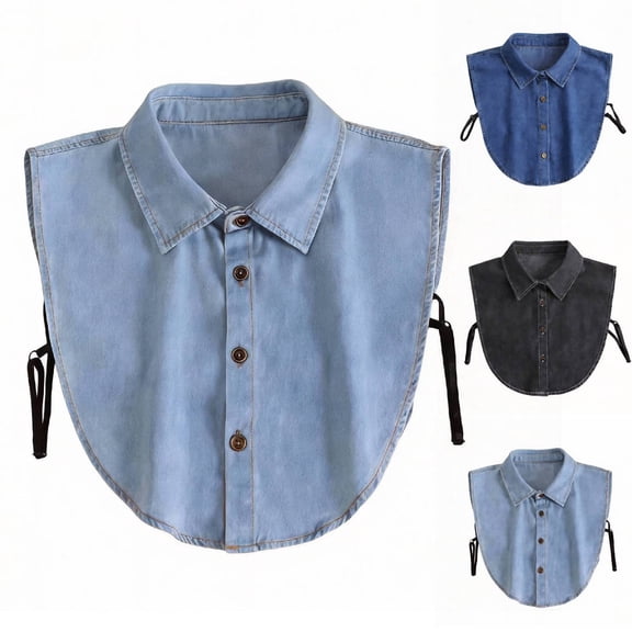 Women's Detachable Denim False Collar, Button Down Shirt Collar Dickey with Ties, Layering Accessory for Sweaters, Dresses, Fashion Hack to Upgrade Outfits-Black