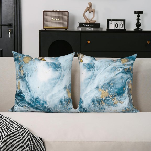Blue and Gold Marble Pillow Covers Modern Pillow Case for Sofa Bed Car Chair Living Room Home Decorative,18"x18",Set of 2