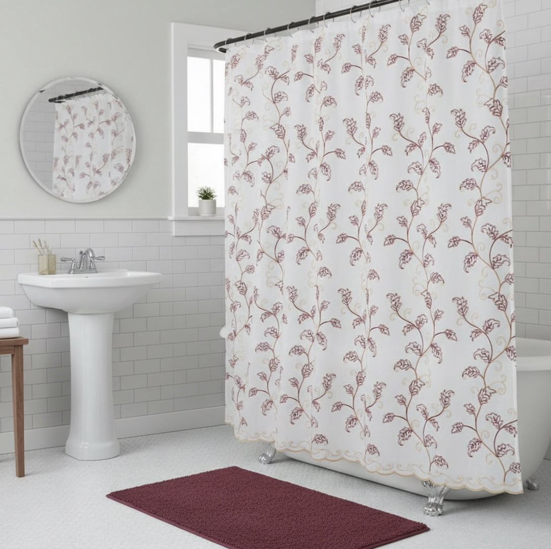 Serafina Home Decorative Sheer Fabric Shower Curtain: Two Toned Burgundy Red and Gold Embroidered Leaves with Metallic Threading