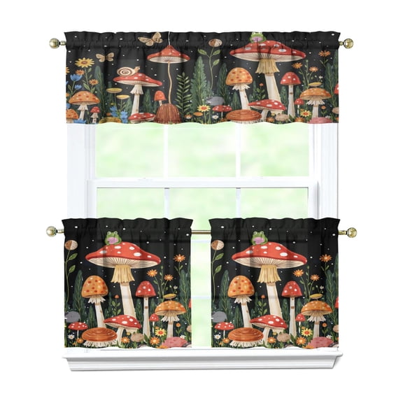 Night Mushroom Butterfly 3-Piece Kitchen Curtains Set Kitchen Curtains Sets with Valance for Windows Rod Pocket Machine Washable Kitchen Decor Decorations (54"x18" 2x27.5"x24")