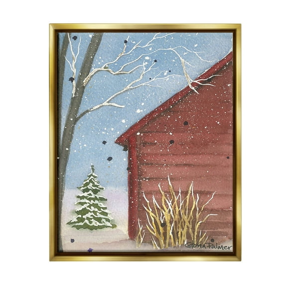 Stupell Industries Winter Snowy Cabin Holiday Painting Gold Floater Framed Canvas Art Print Wall Art, 17 x 21