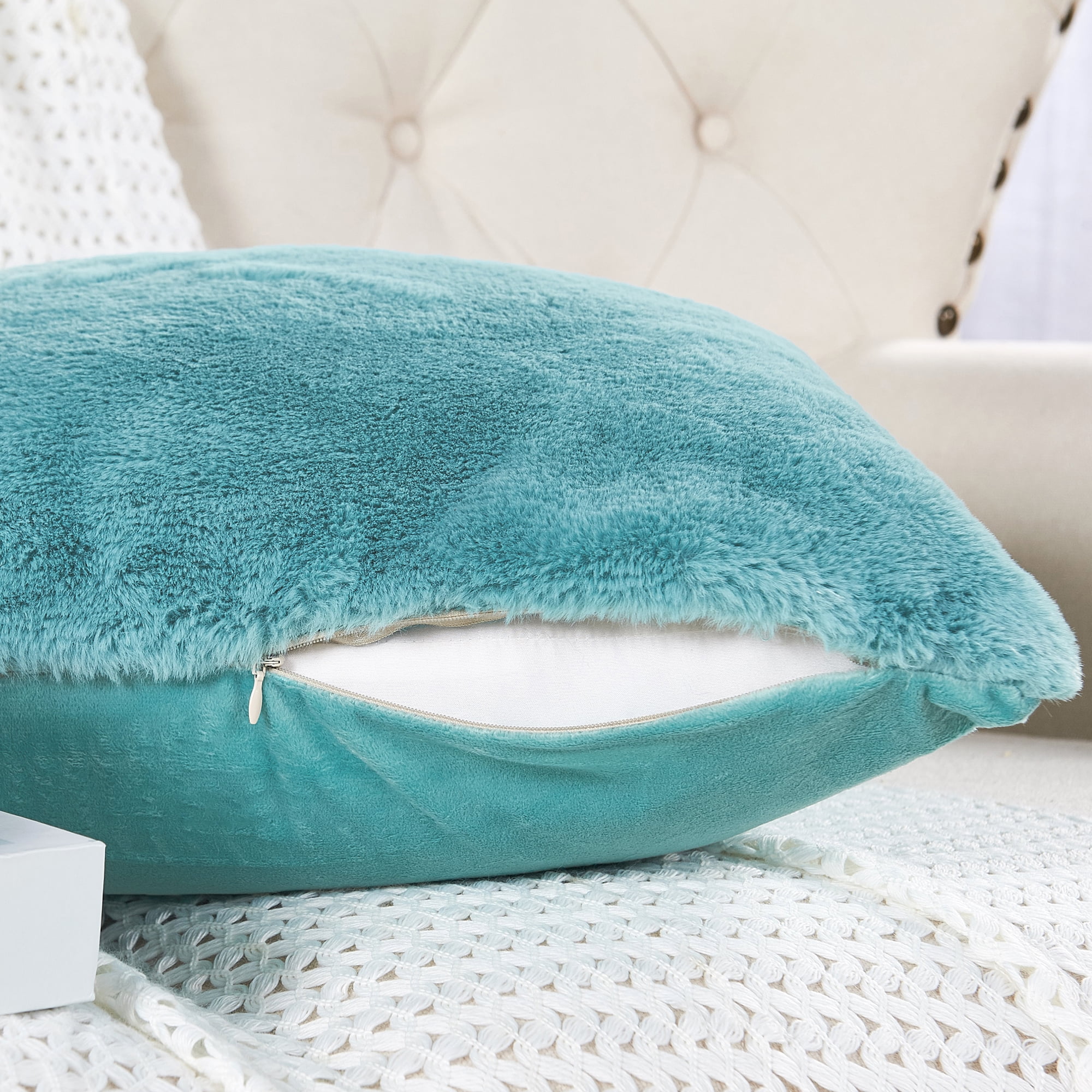 ATTIBUT Pack of 2 Blue Gray Soft Faux Fur Plush Pillow Covers 16x16  Inch/40x40cm Boho Pillows Decorative Pillows for Bed Throw Pillows for Bed  Sofa