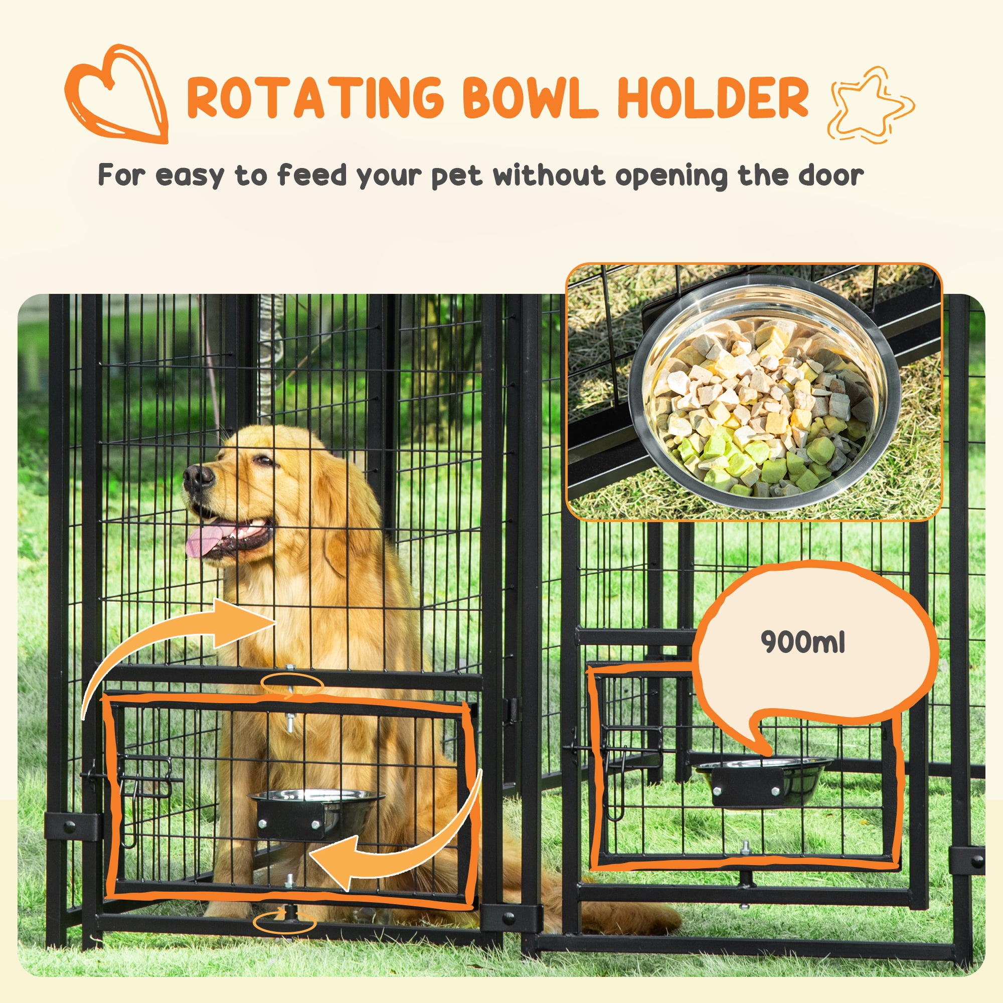 PawHut Outdoor Dog Kennel with Rotating Bowl Holders, Walk-in Pet Playpen, Red