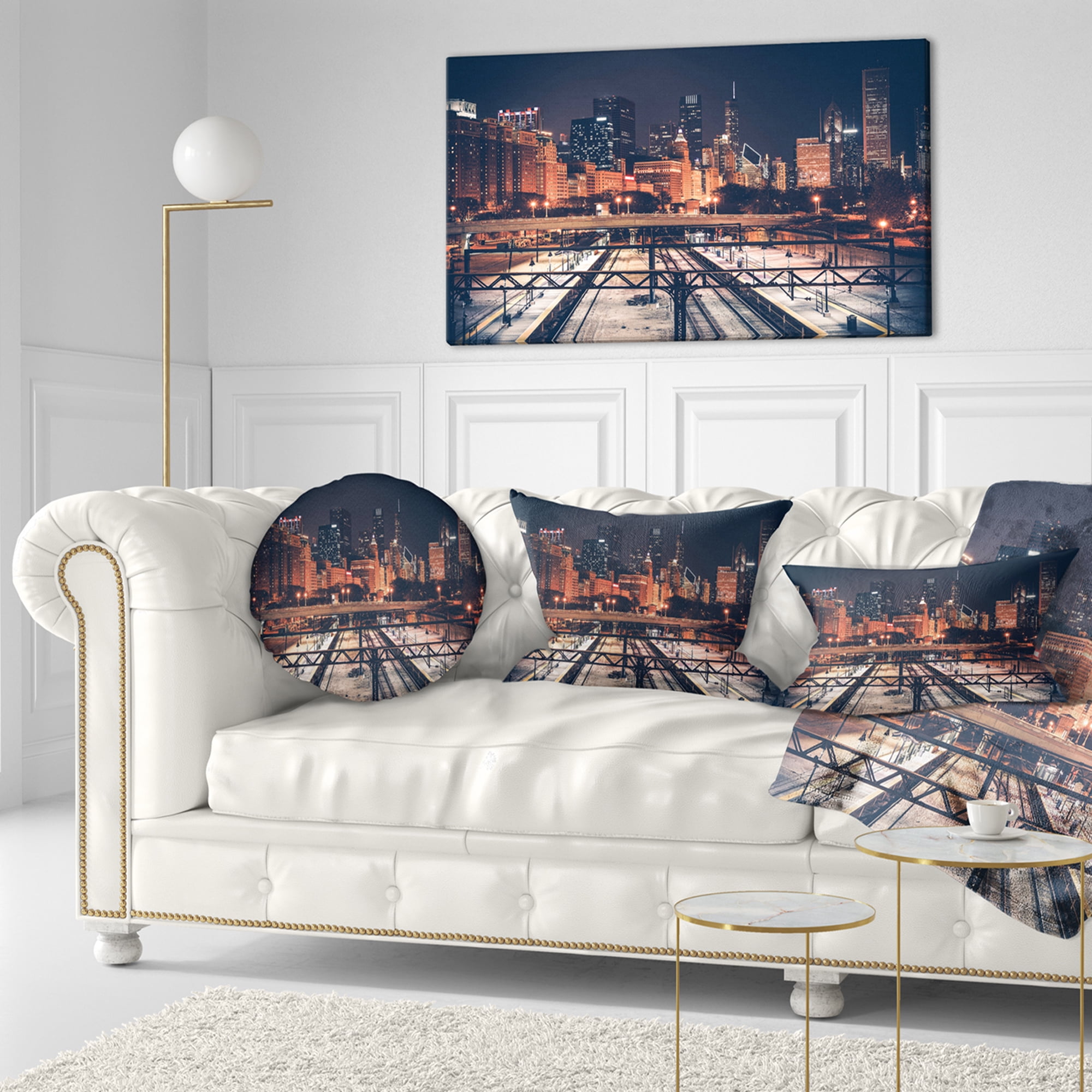 Designart Dark Chicago Skyline and Railroad - Cityscape Throw Pillow - 12x20