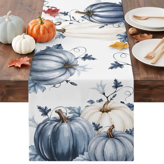 Navy Blue Pumpkin Fall Table Runner - 108 Inch Long Thanksgiving Leaves Pastoral Cotton and Linen Blended Dress Scarves Farmhouse Table Runner for Kitchen Dining, Coffee Table, 13" x 108"