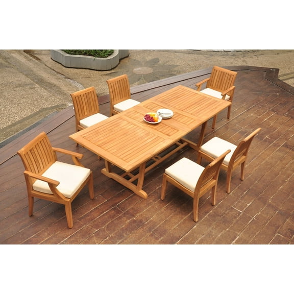 Grade-A Teak Dining Set: 6 Seater 7 Pc: 94" Double Extension Mas Rectangle Trestle Leg Table And 6 Lagos Chairs (2 Arm & 4 Armless Chairs) WholesaleTeak #WMLG34