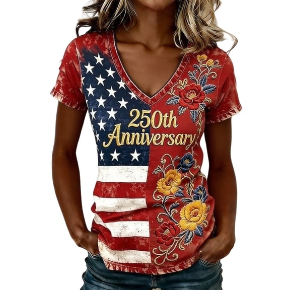 CONZONE Womens Usa 250Th Anniversary T-Shirts Short Sleeve Independence Day T Shirts for Women Casual V Neck Patriotic Usa Flag Graphic Lightweight Tees Soft Cozy Dailywear