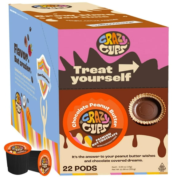 Crazy Cups Peanut Butter Hot Chocolate Pods, Perfect Peanut Butter Cup Hot Chocolate for Keurig K Cups Brewers, Rich and Creamy Peanuts Hot Cocoa, 22 Count