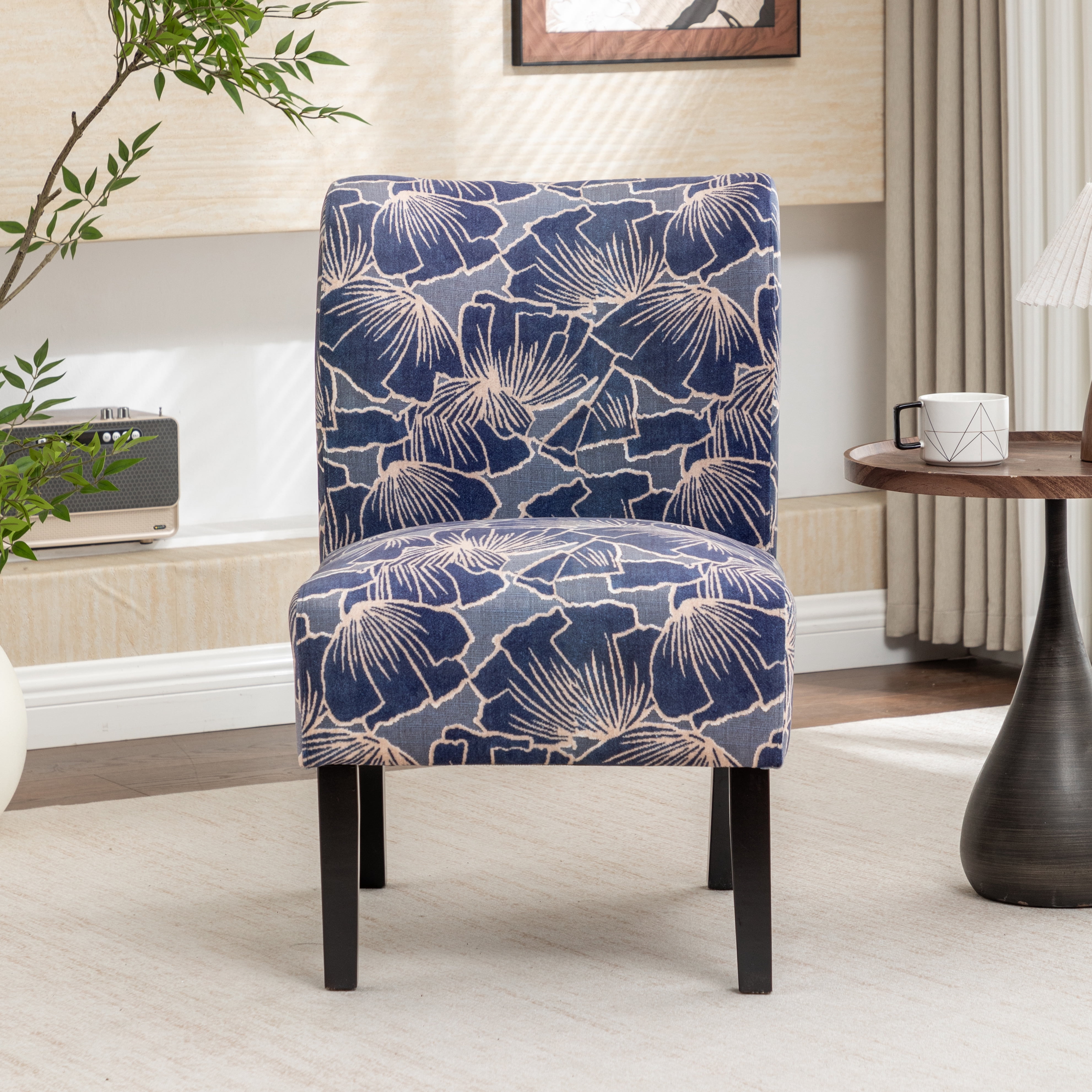 Roundhill Furniture Capa Print Fabric Armless Contemporary Accent Chair, Indigo Botanical Floral