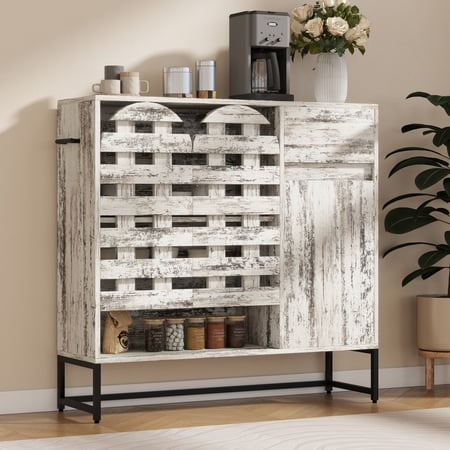 44 Sideboard Buffet Cabinet with Drawer Farmhouse Coffee Bar Storage Cabinet with Woven Doors and Adjustable Shelves Modern Wood Cupboard for Dining Room Livingroom Entryway Vintage White