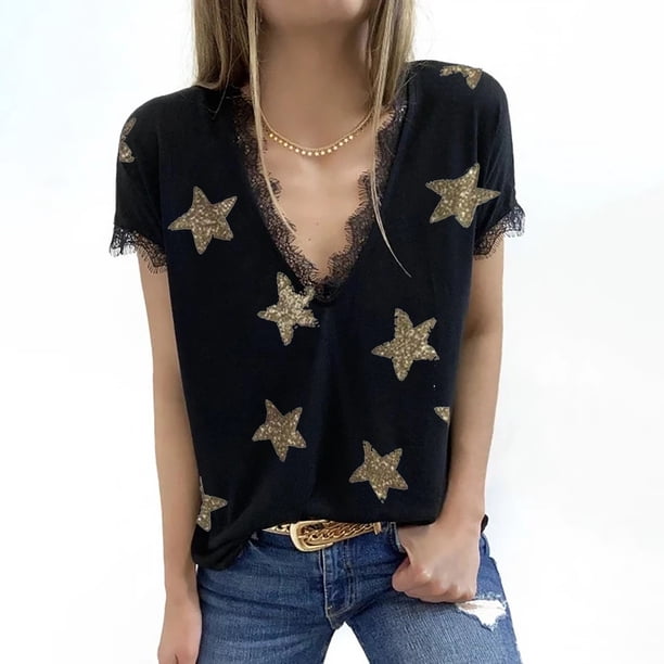 Puntoco - Blusa de manga corta con estampado de estrellas y cuello en V para mujer Puntoco Puntoco-731