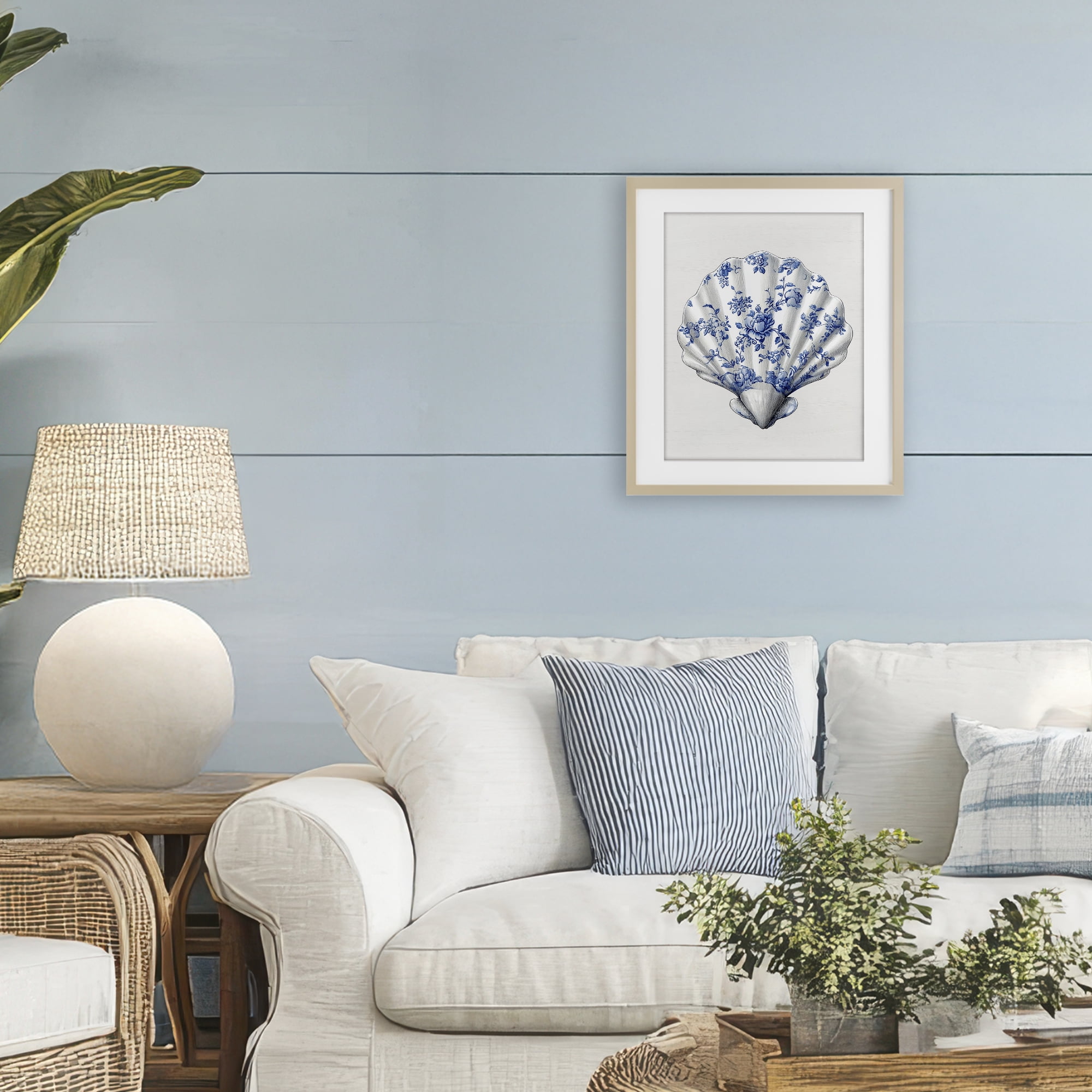 Funky Toile Seashell Birch Framed Print Under Glass, design by Lettered and Lined