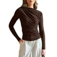 thumbnail image 2 of Womens Long Sleeve Pleated Tops Fall Crew Neck Fitted Shirts Y2k Going Out Casual Ruched Blouse Brown S, 2 of 10