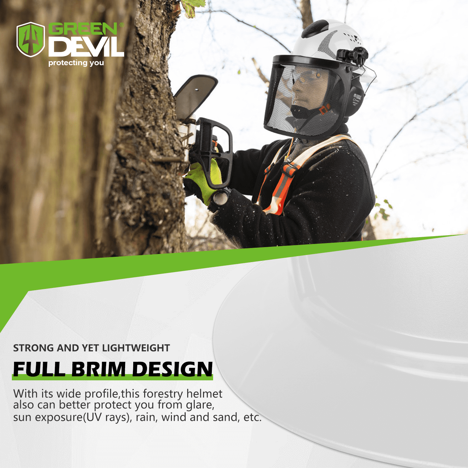 GREEN DEVIL Industrial Chainsaw Helmet with Face Shield Built in Visor and Ear Muffs 4 in 1 System ANSI Z89.1 Full Brim Safety Hard Hat Adjustable Headgear Ideal for Forestry and Arborist Work