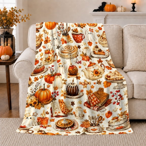 Cottagecore Harvest decorative motif Pumpkin decorative motif, Playful Food Art Scene, Warm Flannel Blanket for Kitchen and Dining Room, Art Lovers autumn celebration Gift, Playful Home Decor