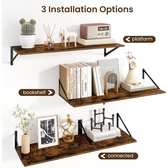 Floating Shelves for Wall, 12 Inch Deep Floating Shelves Set of 2, 24W x 12D Large Wall Shelf with Sturdy Metal Brackets for Living Room, Bathroom, Bedroom and Kitchen, Rustic Brown