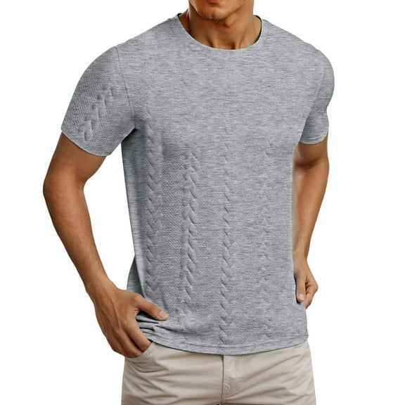 MIXUE Shirts For Men Summer Solid Color Jacquard Round Neck Short Sleeve Casual Pullover Tops Tshirts Outwear,Gray,XXL