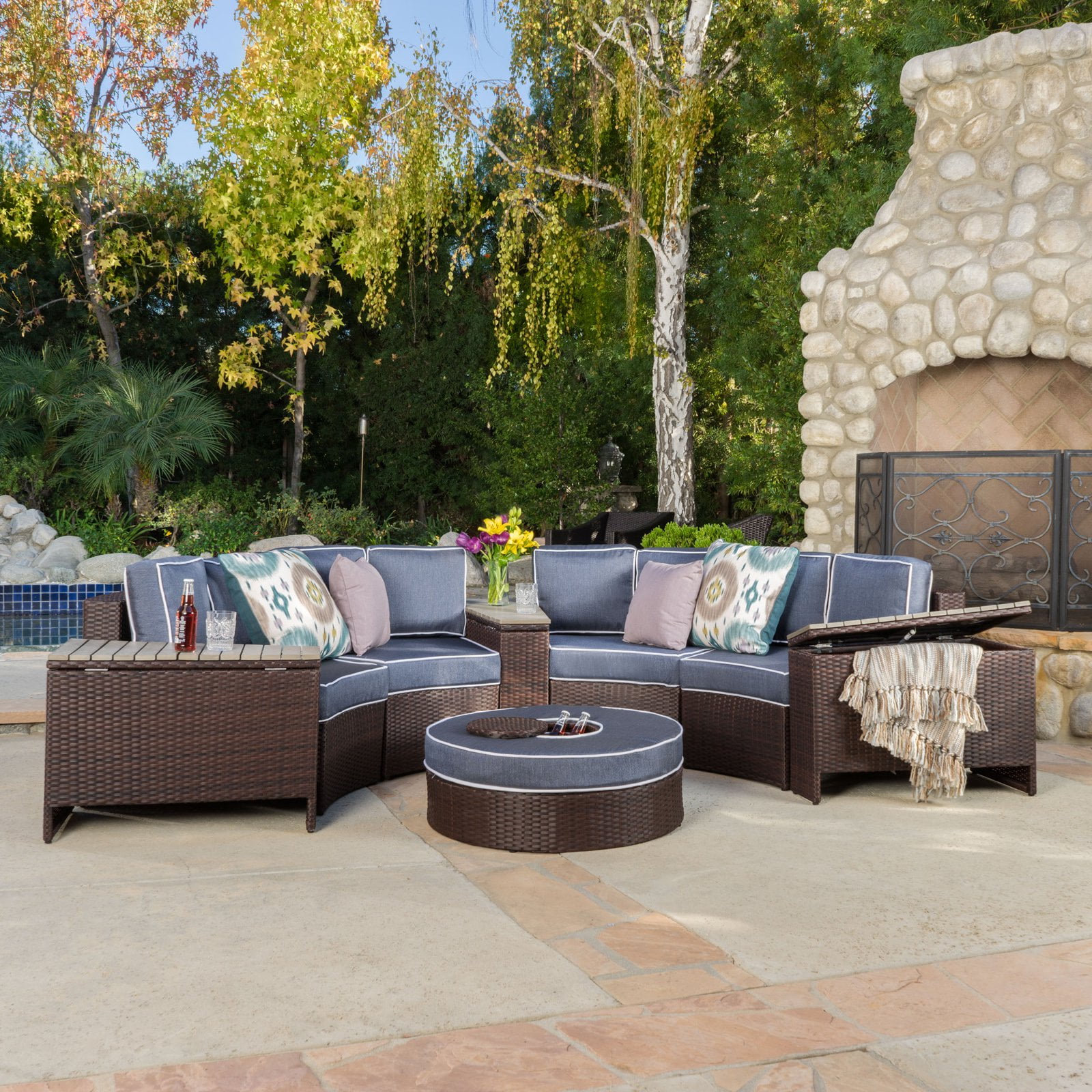 Madras Tortuga 8pc Wicker 1/2 Round Seating Set with Ice Bucket Ottoman - Navy Blue - Christopher Knight Home