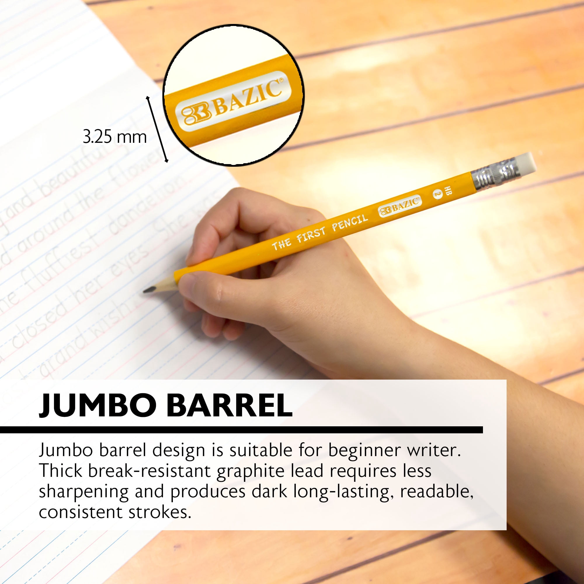 BAZIC Pre-Sharpened #2 HB Jumbo Pencils, Latex Free Eraser, (4/Pack), 24-Pack