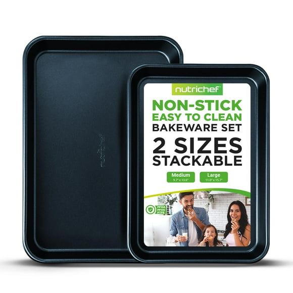 Nutrichef Non-Stick Cookie Sheet Baking Pans - 2-Pc. Professional Quality Kitchen Cooking Non-Stick Bake Trays w/Blue Diamond Coating Inside & Outside, Dishwasher Safe - NutriChef, One