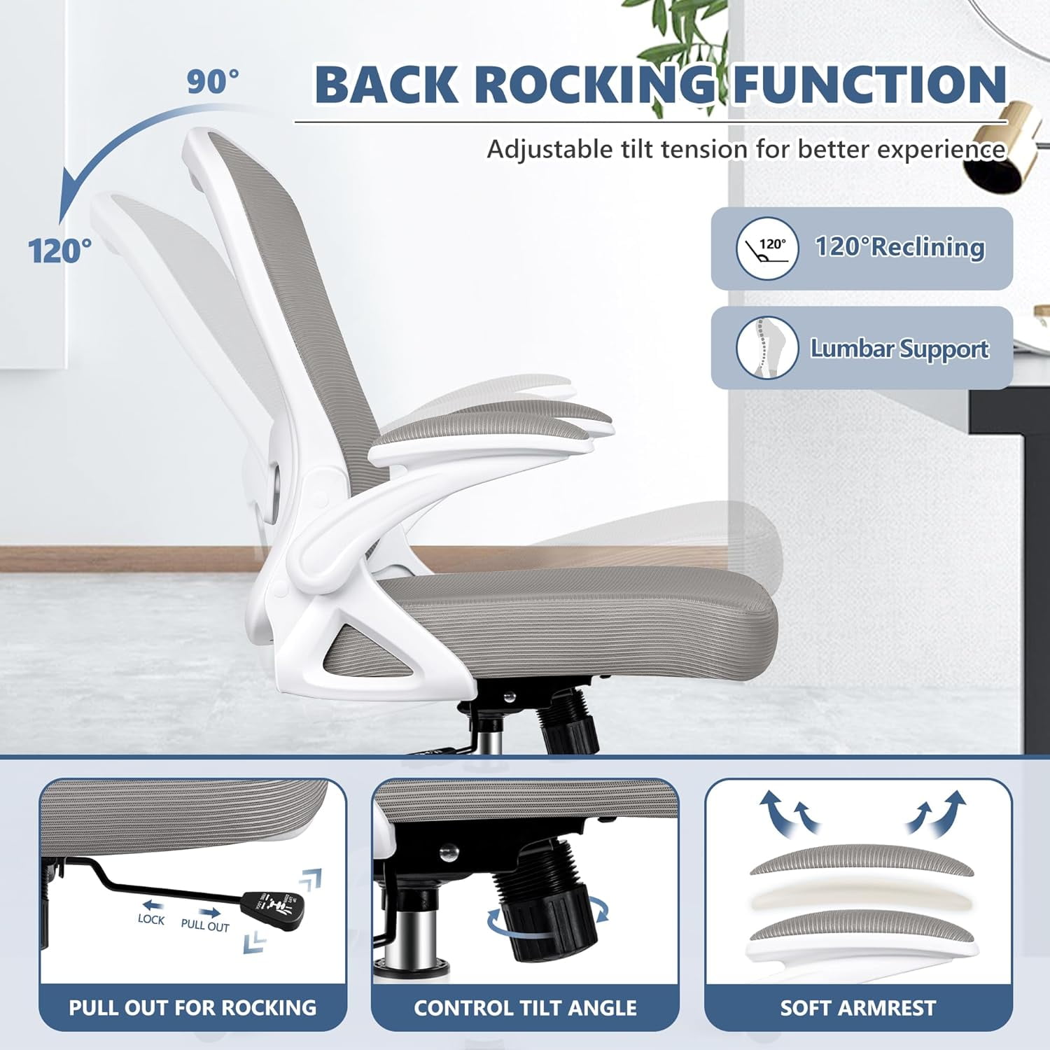 Office Chair, Ergonomic Desk Chair with Adjustable Height and Lumbar Support Swivel Desk Computer Chair with Flip up Armrests for Conference Room, Drak Gray