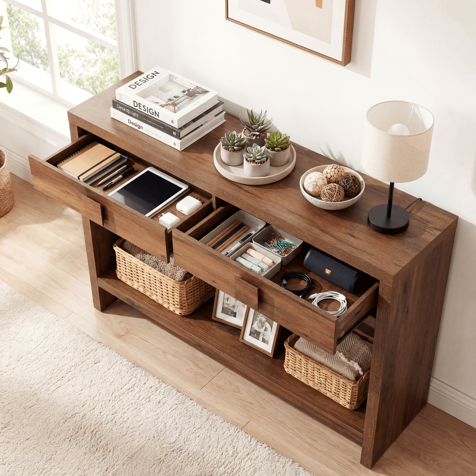 ROGALIS Console Table with Drawers, 40 Inch Narrow Entryway Table with Open Storage Shelves for Living Room