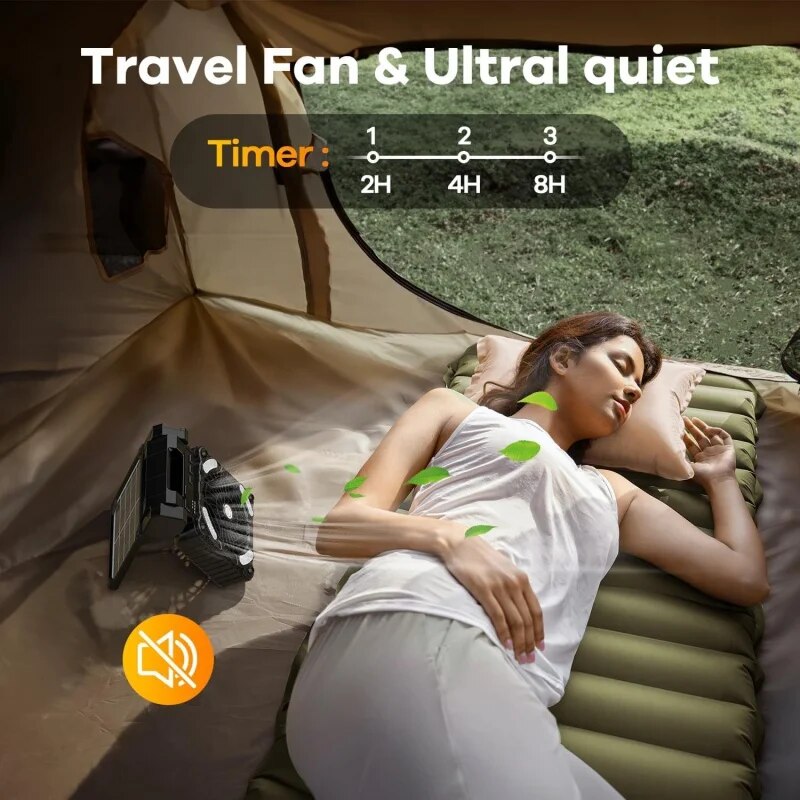 Solar Powered Fan for Camping- Camping Fan with 10000 mAh Rechargeable Battery and LED Lantern, Timer and 4 Speeds Battery Powered Outdoor Fan for Travel, Fishing, Outdoor, Bedroom