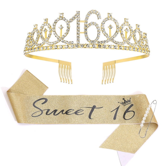 Ensemble Écharpe et Couronne d'Anniversaire en Or - Tissu Pailleté/rhinestone, Ajustable/taille Unique, pour Femmes 16-70 Ans
