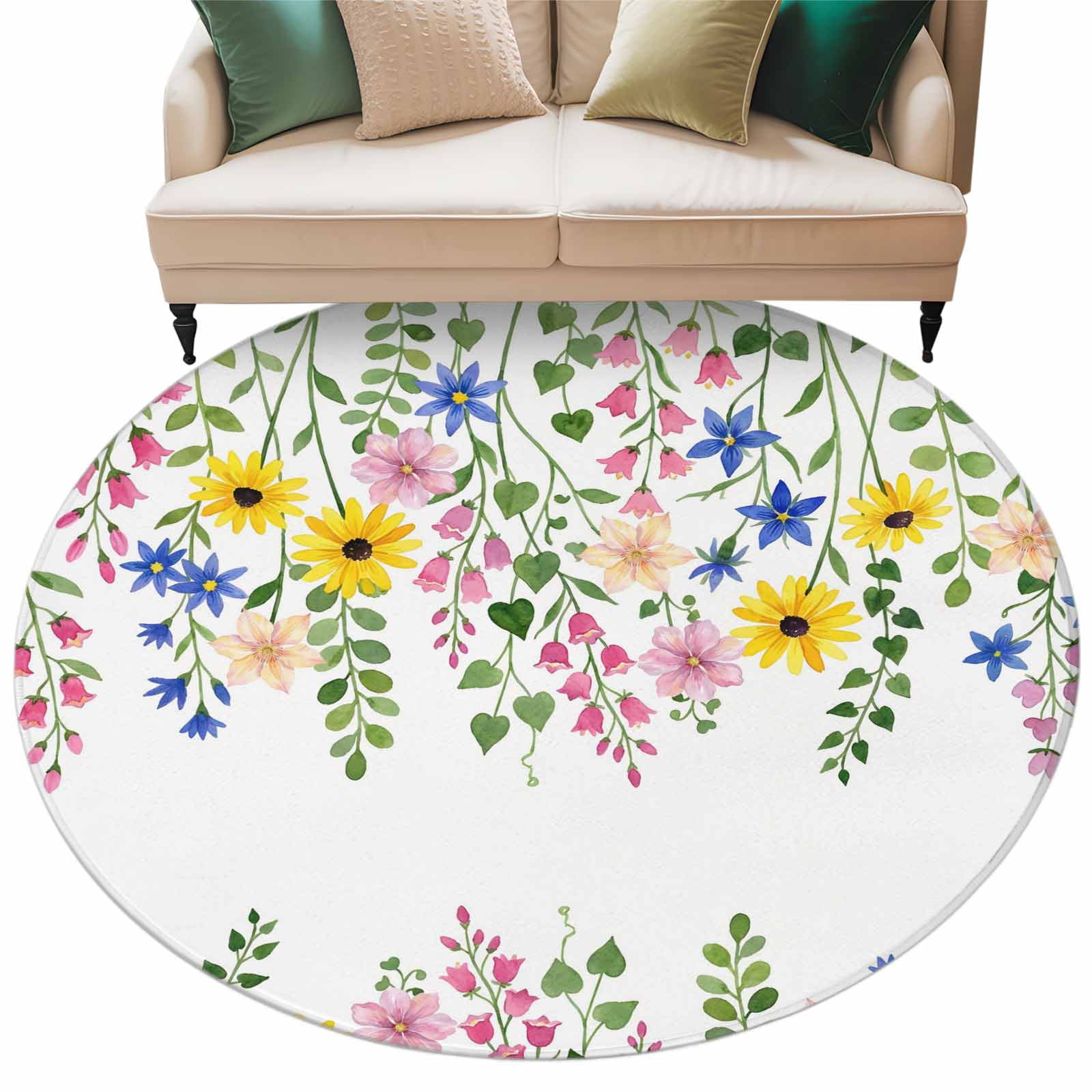 Round Rug 5ft Area Rug Country Wild Flower Foliage Area Rugs for Living Room Bedroom Colorful Floral Summer Leaves Floor Mat Non-Slip Non-Shedding Carpet Indoor Accent Rugs