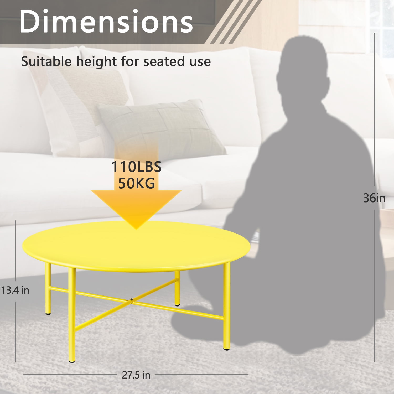 CERBIOR Patio Round Steel Coffee Table, Weather Resistant Anti-Rust and Waterproof Indoor and Outdoor Large Side Table, for Garden Living Room Bedroom Balcony（Lemon Yellow）
