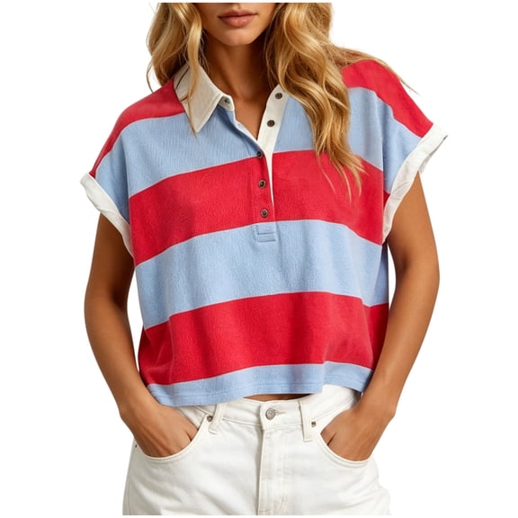 CBASIHI Womens Striped Crop Polo Shirts- Collar Loose Fit Short Sleeve Summer Casual Trendy Vintage Tops Blue Size S