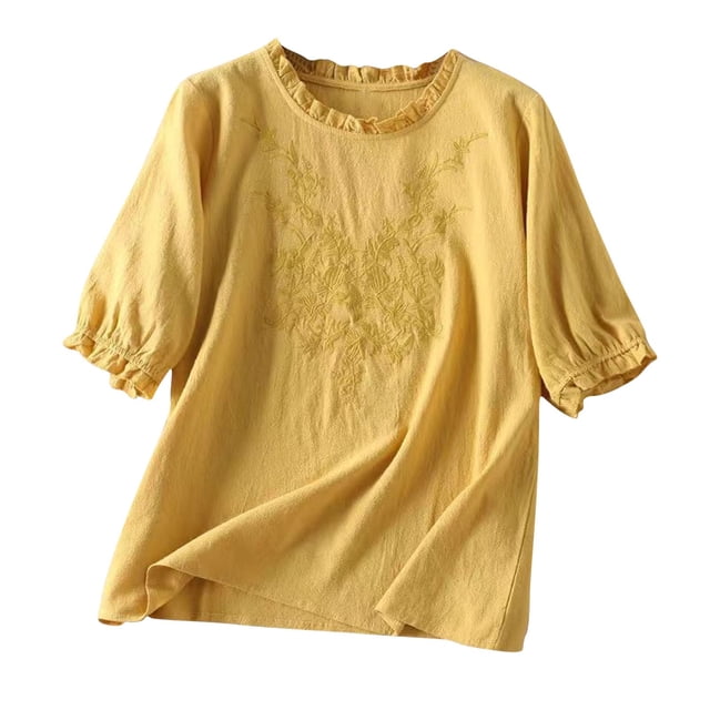 Birdeem Blouses pour Femmes Printemps Été Couleur Unie Broderie T-Shirt Décontracté Manches Courtes Col Rond Hauts Blouse en Coton Lin