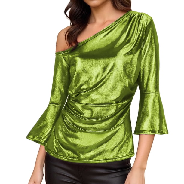 Tops de Manga Larga de las Mujeres con Brillo Metálico Y Textura de Costillas, Blusa Casual de Hombros para Fiesta Y Uso Cotidiano, Tops de Manga Corta de las Mujeres