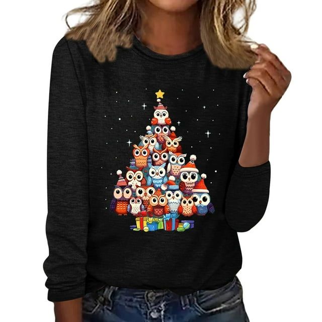 T-Shirt à Manches Longues pour Femmes Liquidation T-Shirt en Lin pour Femmes T-Shirt pour Dames Hibou Imprimé Arbre de Noël Décontracté Mode Ample Amusant Haut à Manches Longues à Col Rond